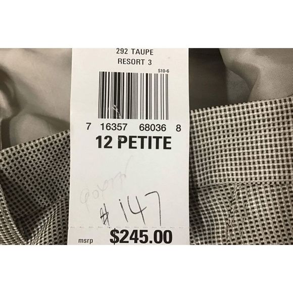 Anne Klein NWT Taupe Black Checkered Straight Leg Wool Pants, Sz 12P, MP $245 - Picture 5 of 15